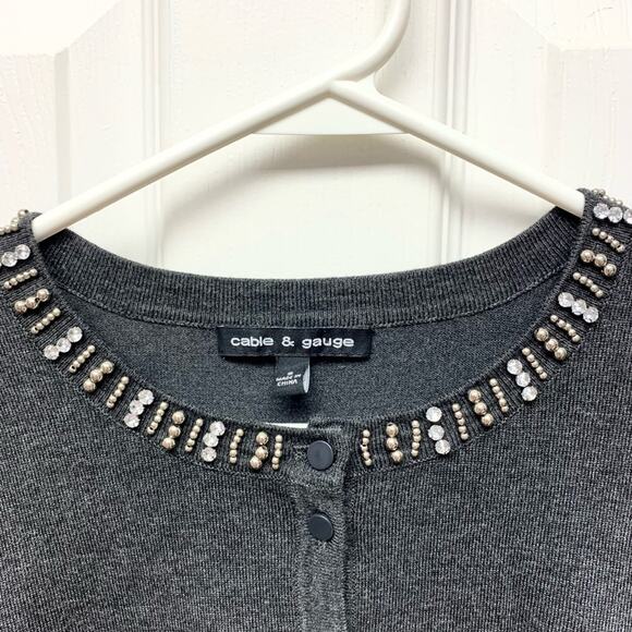 Cable and Gauge Charcoal Gray Cardigan, Beaded Neck, Festive Sweater, Size S - Picture 2 of 5